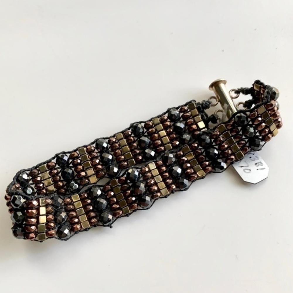Metallic Hematite Bead Bracelet, Black Brown Gold Sterling Handmade NWT 7.5”